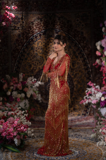 Ruby Red & Gold Baroque Fringe Embellished Evening Gown