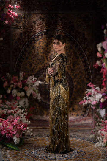 Midnight Black & Gold Baroque Fringe Embellished Evening Gown