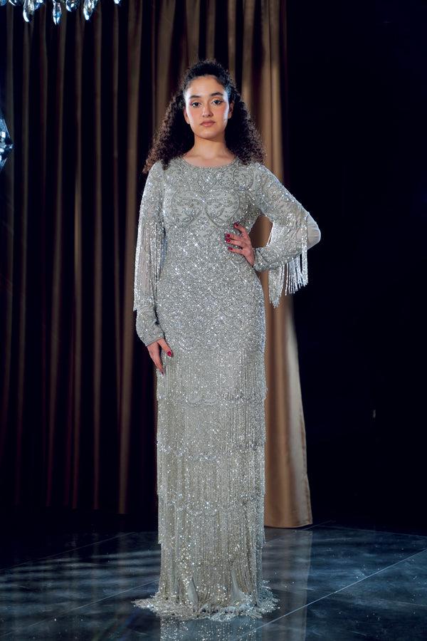 Silver Grey Tiered Beaded Fringe Evening Gown