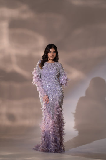 Lilac Lavender Pearl & Feather Embellished Evening Gown