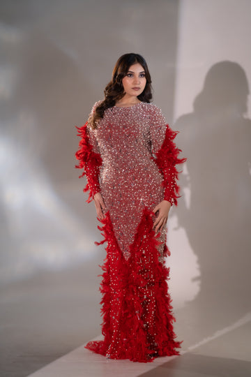Ruby Red Pearl & Feather Embellished Evening Gown
