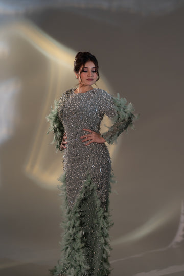 Sage Green Pearl & Feather Embellished Evening Gown