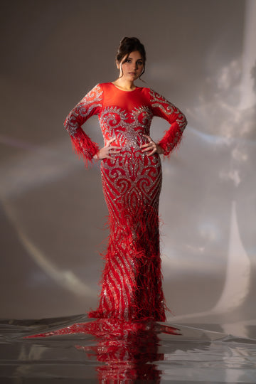 Bright Red Baroque Beaded & Feather Embellished Evening Gown