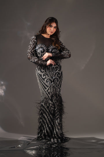 Midnight Black Baroque Beaded & Feather Embellished Evening Gown