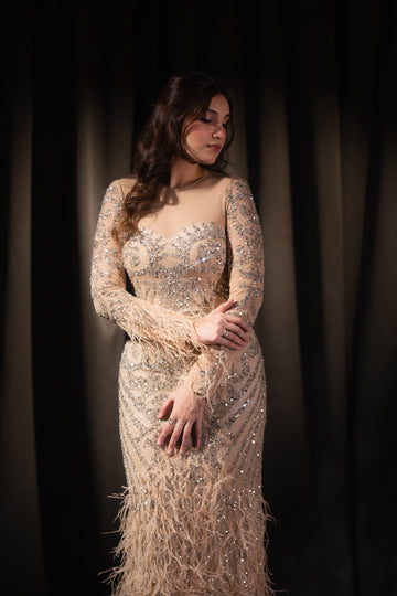 Champagne Beige Baroque Beaded & Feather Embellished Evening Gown