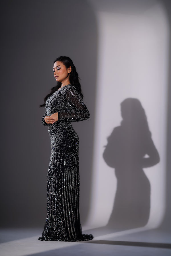 Midnight Black & Silver Scroll Embroidered Evening Gown