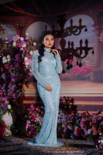 Ice Blue Geometric Lattice Embellished Evening Gown