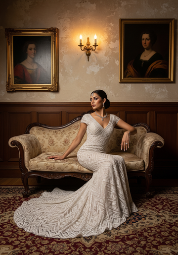 Woman in a white gown sitting on an ornate couch in a room with classical decor.